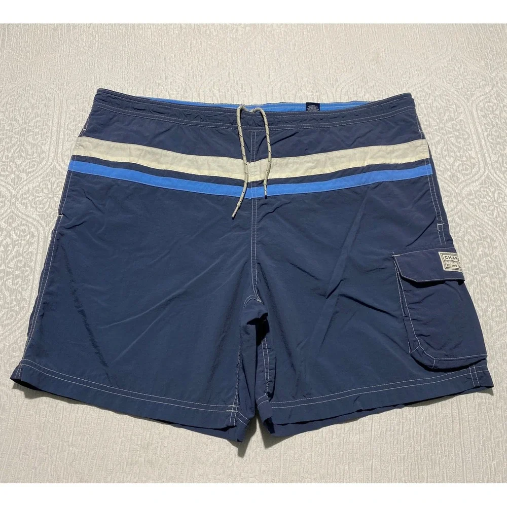 Chaps Mens Swim Trunks XL Navy‎ Blue Striped Cargo Pocket Nylon Board Shorts